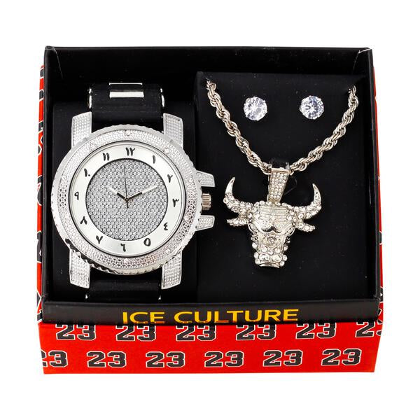 Watch and Angry Bull Necklace with Earrings Gift Set - W1K-140