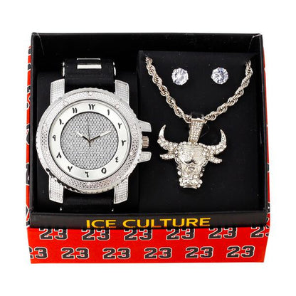 Watch and Angry Bull Necklace with Earrings Gift Set - W1K-140