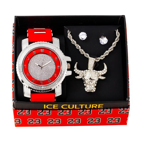 Watch and Angry Bull Necklace with Earrings Gift Set - W1K-140