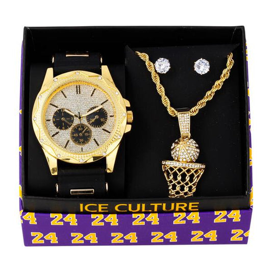 Watch and Basket ball Necklace with Earrings Gift Set - W1K-144