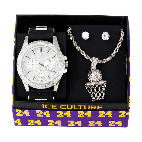 Watch and Basket ball Necklace with Earrings Gift Set - W1K-144