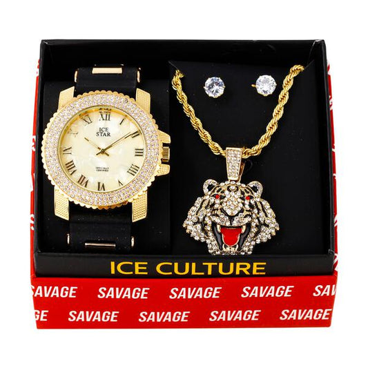 Watch and Tiger Necklace with Earrings Gift Set - W1K-147