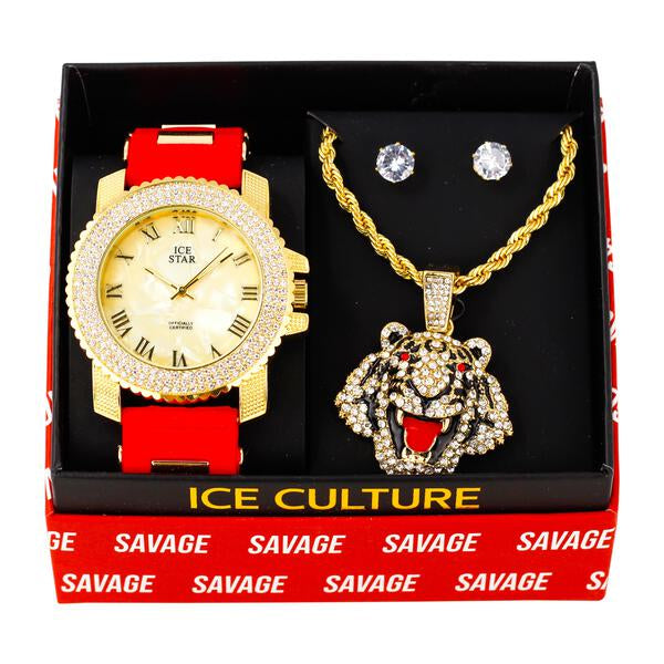 Watch and Tiger Necklace with Earrings Gift Set - W1K-147