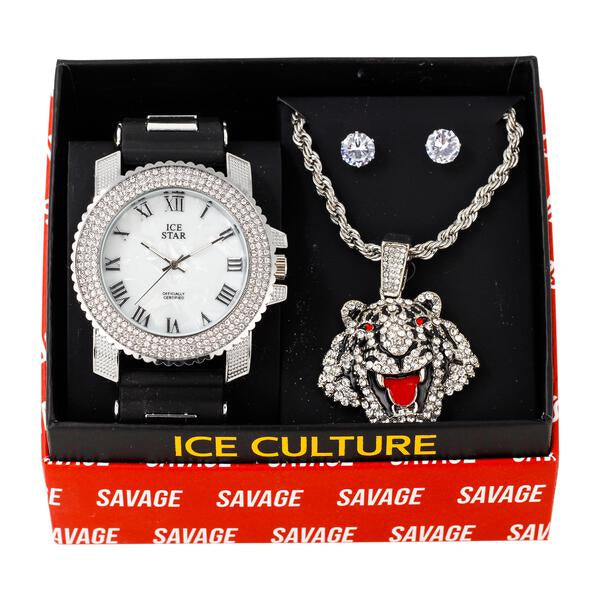 Watch and Tiger Necklace with Earrings Gift Set - W1K-147