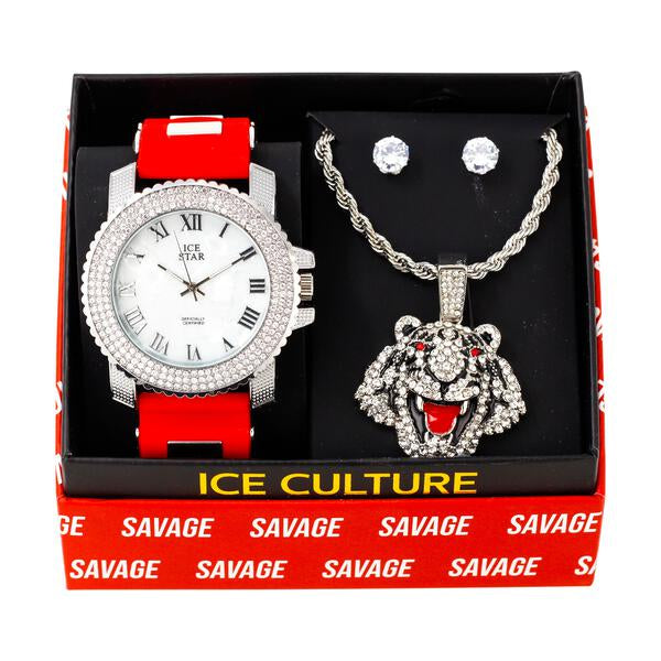 Watch and Tiger Necklace with Earrings Gift Set - W1K-147