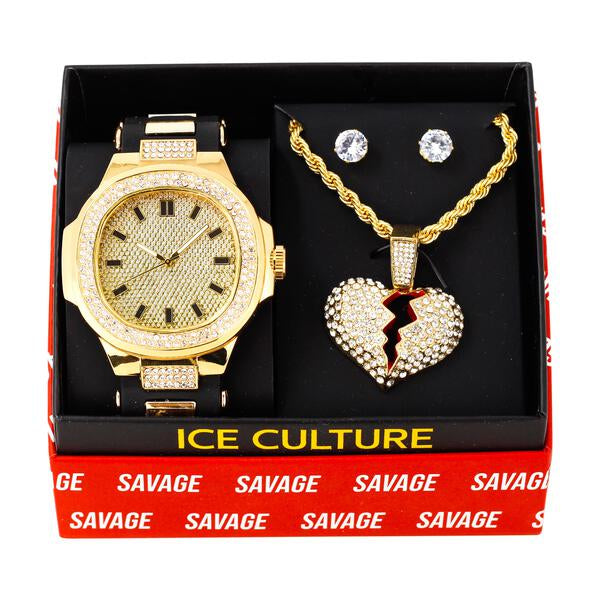 Watch and Broken Heart Necklace with Earrings Gift Set - W1K-151