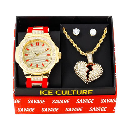 Watch and Broken Heart Necklace with Earrings Gift Set - W1K-151