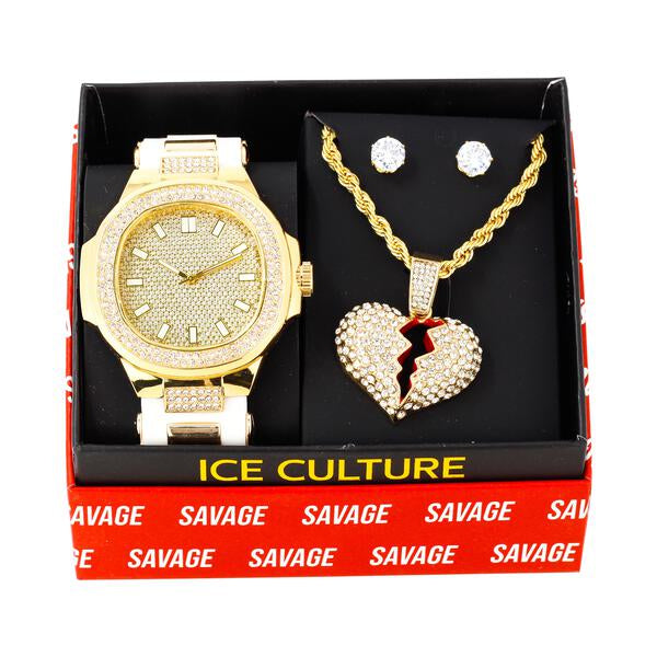 Watch and Broken Heart Necklace with Earrings Gift Set - W1K-151