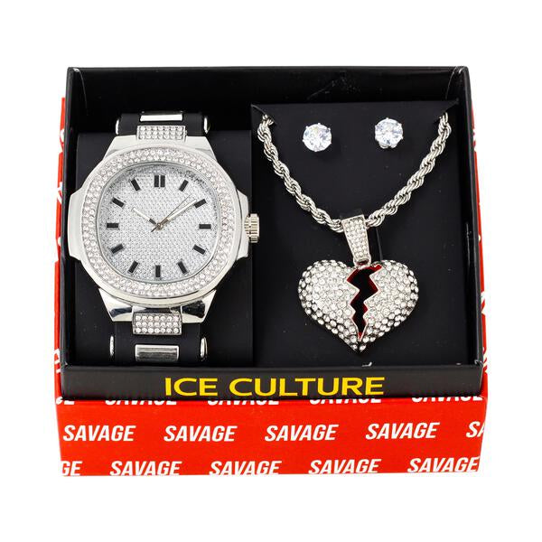 Watch and Broken Heart Necklace with Earrings Gift Set - W1K-151