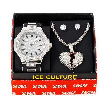 Watch and Broken Heart Necklace with Earrings Gift Set - W1K-151