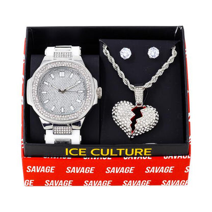 Watch and Broken Heart Necklace with Earrings Gift Set - W1K-151