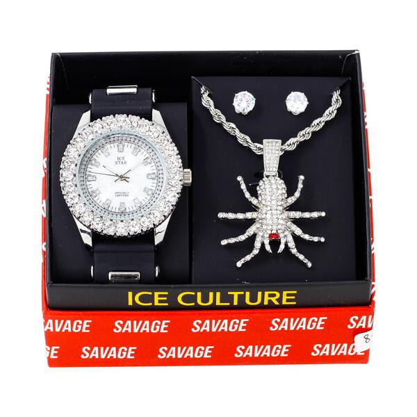 Watch and Spider Necklace with Earrings Gift Set - W1K-153