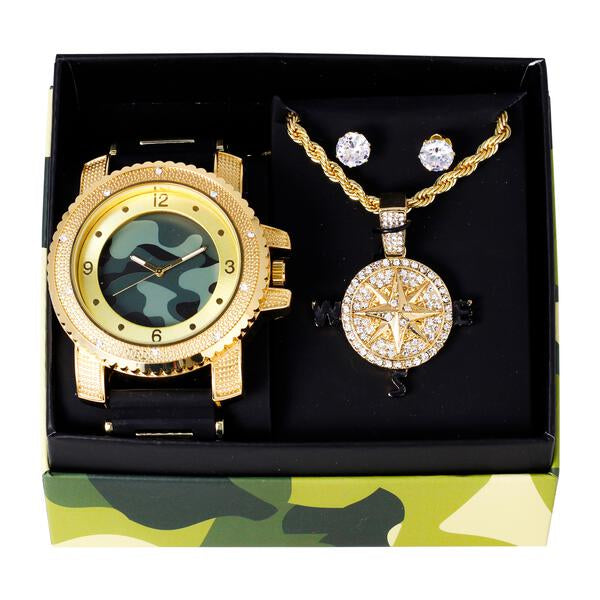 Watch and Compass Necklace with Earrings Gift Set - W1K-164