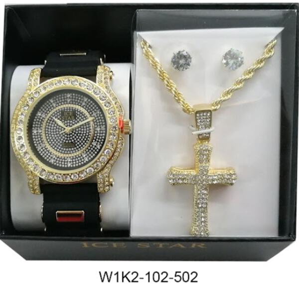 Watch and Cross Necklace with Earrings Gift Set - W1K2-102