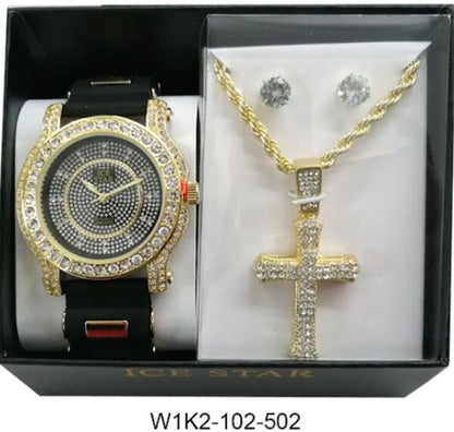 Watch and Cross Necklace with Earrings Gift Set - W1K2-102
