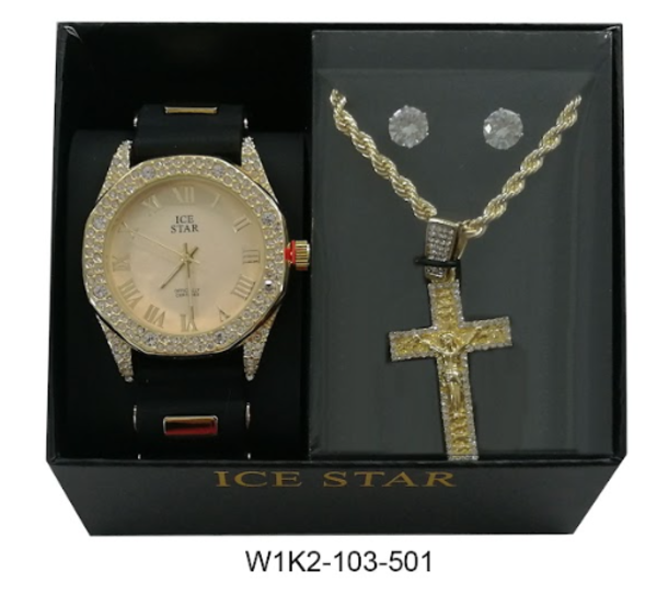 Watch and Cross Necklace with Earrings Gift Set - W1K2-103
