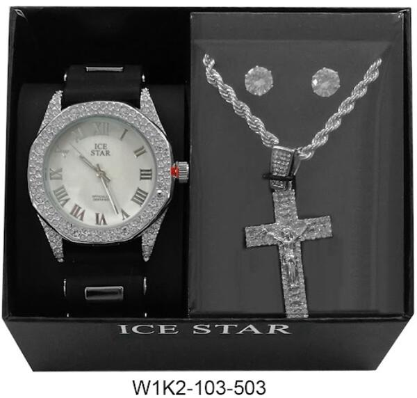 Watch and Cross Necklace with Earrings Gift Set - W1K2-103