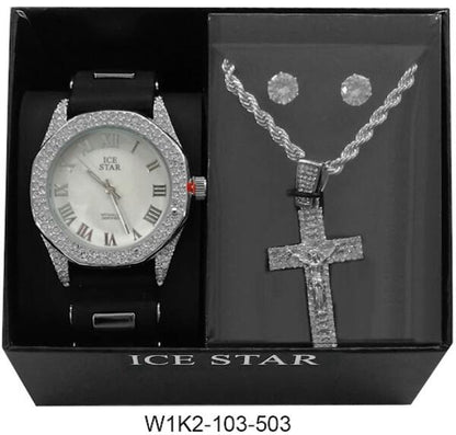 Watch and Cross Necklace with Earrings Gift Set - W1K2-103