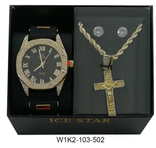 Watch and Cross Necklace with Earrings Gift Set - W1K2-103