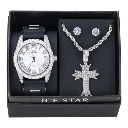 Watch and Cross Necklace with Earrings Gift Set - W1K2-105