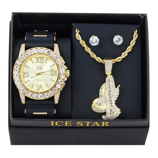 Watch and Praying Hand Necklace with Earrings Gift Set - W1K2-109