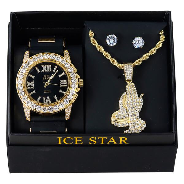 Watch and Praying Hand Necklace with Earrings Gift Set - W1K2-109
