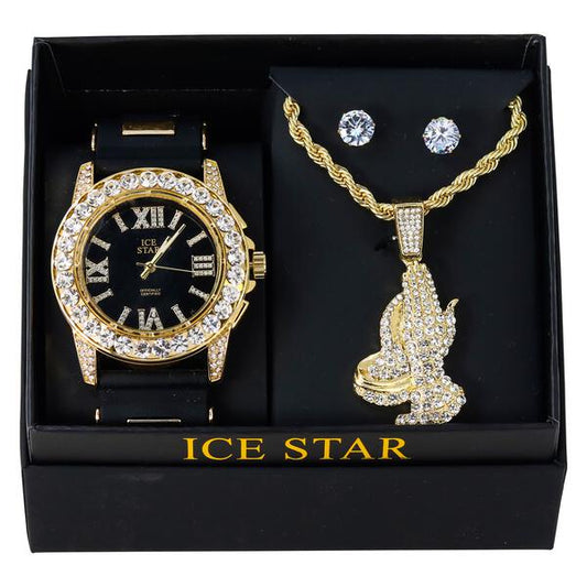 Watch and Praying Hand Necklace with Earrings Gift Set - W1K2-109