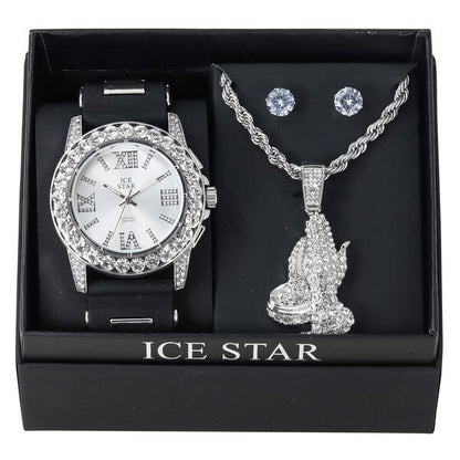 Watch and Praying Hand Necklace with Earrings Gift Set - W1K2-109