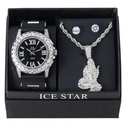Watch and Praying Hand Necklace with Earrings Gift Set - W1K2-109