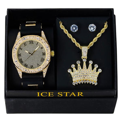 Watch and Crown Necklace with Earrings Gift Set - W1K2-111
