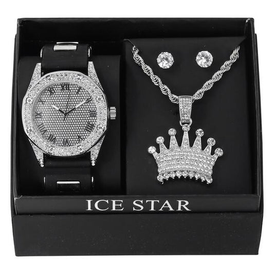 Watch and Crown Necklace with Earrings Gift Set - W1K2-111