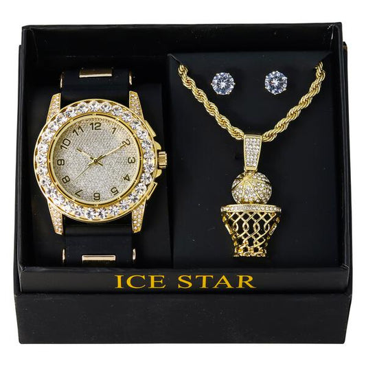 Watch and Basket ball Necklace with Earrings Gift Set - W1K2-117