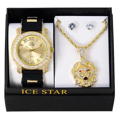 Watch and Lion Necklace with Earrings Gift Set - W1K2-118