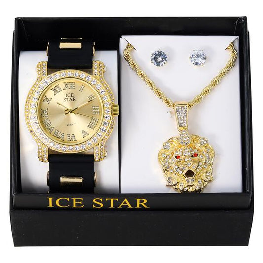 Watch and Lion Necklace with Earrings Gift Set - W1K2-118