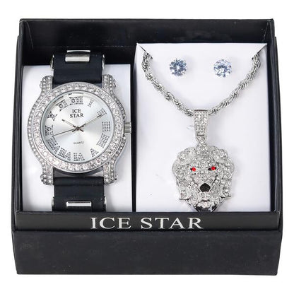 Watch and Lion Necklace with Earrings Gift Set - W1K2-118