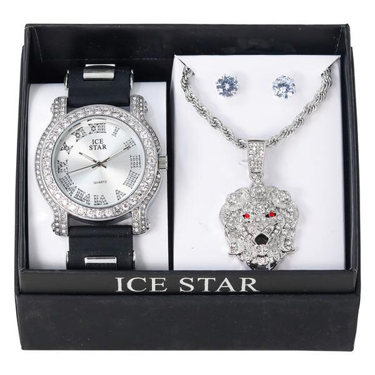 Watch and Lion Necklace with Earrings Gift Set - W1K2-118
