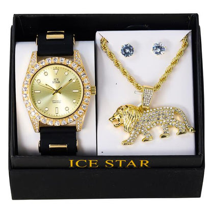Watch and Lion Necklace with Earrings Gift Set - W1K2-120