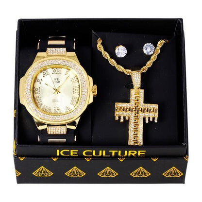 Watch and Cross Necklace with Earrings Gift Set - W1K2-126