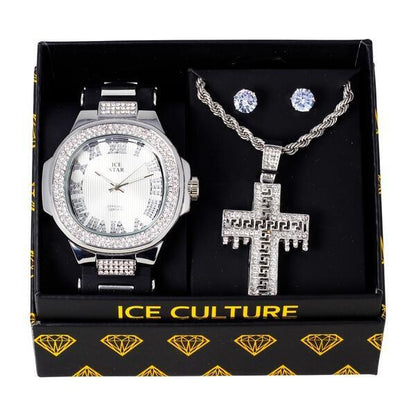 Watch and Cross Necklace with Earrings Gift Set - W1K2-126