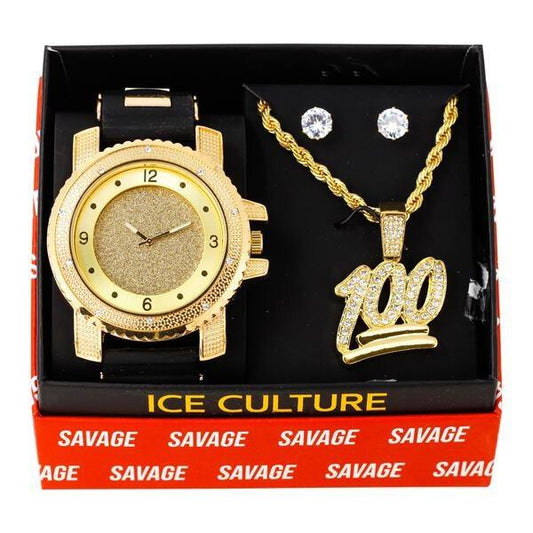 Watch and Streetwear Necklace with Earrings Gift Set - W1K2-129