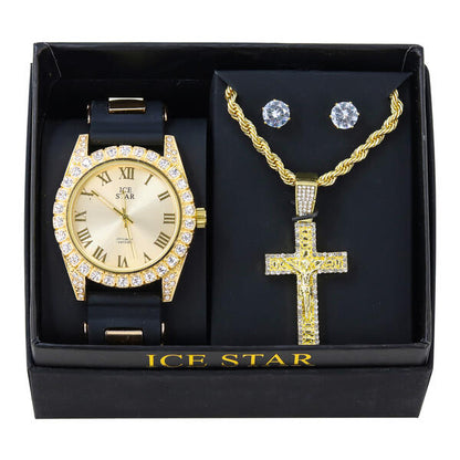 Watch and Cross Necklace with Earrings Gift Set - W1K2-130