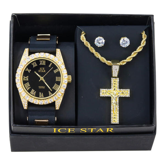 Watch and Cross Necklace with Earrings Gift Set - W1K2-105