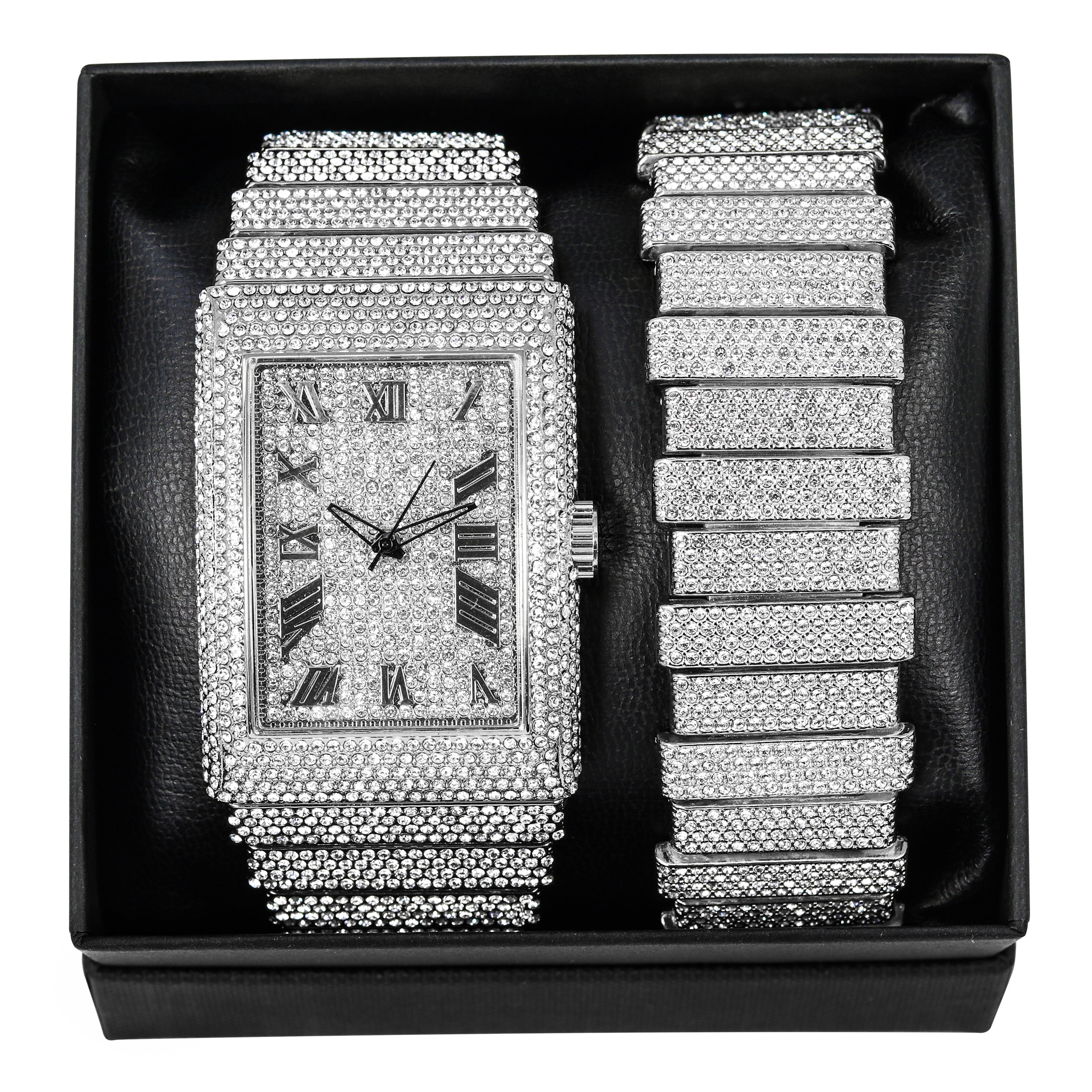 Men's Rectangle Chandelier Watch and Staggered Bracelet 40mm Silver - Fully Iced Band