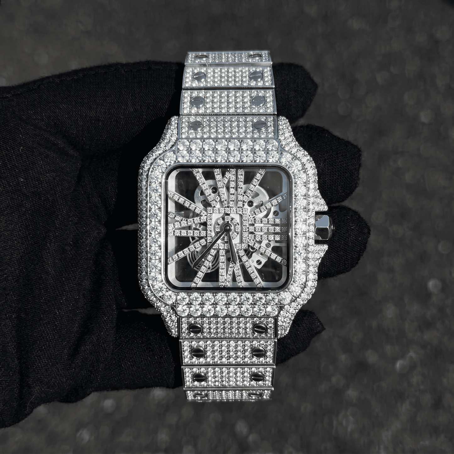 Men's 38mm Iced Out Skeleton Moissanite Stainless Steel Watch - Square Shape, Automatic Movement