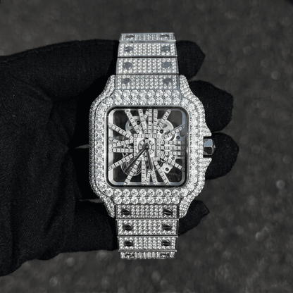 Men's 38mm Iced Out Skeleton Moissanite Stainless Steel Watch - Square Shape, Automatic Movement