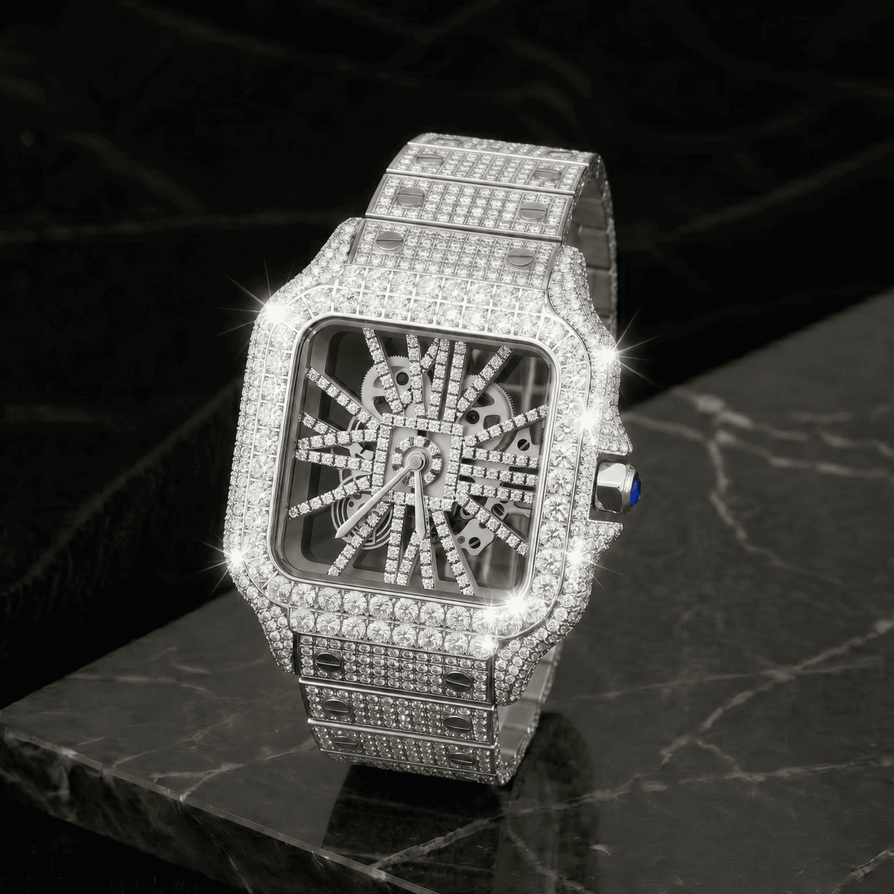 Men's 38mm Iced Out Skeleton Moissanite Stainless Steel Watch - Square Shape, Automatic Movement