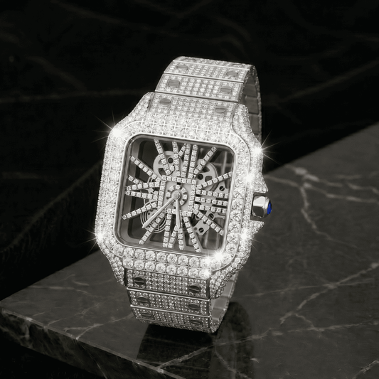 Men's 38mm Iced Out Skeleton Moissanite Stainless Steel Watch - Square Shape, Automatic Movement