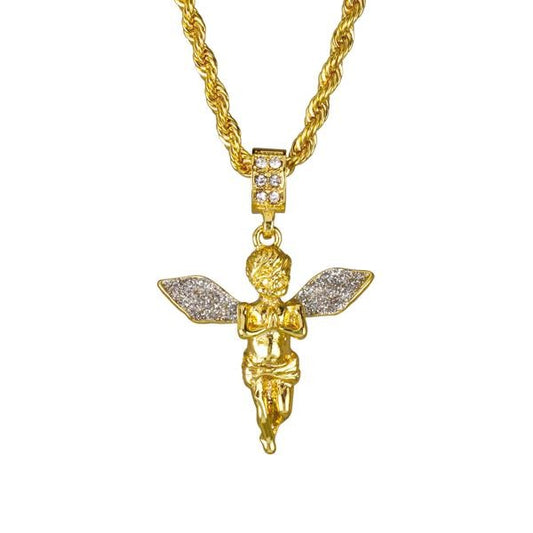 Iced Medium Angel Pendant with 4mm Rope Chain 24" - HC-108*