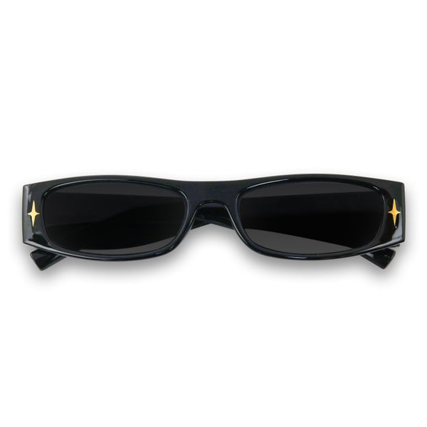 Black sunglasses with gold accents on a white background
