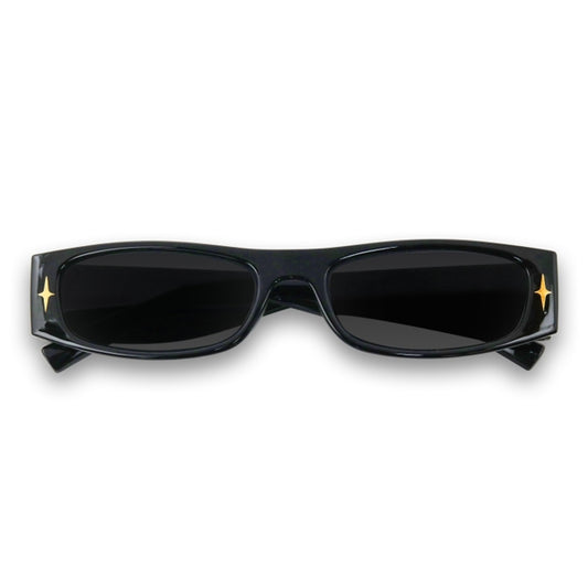 Black sunglasses with gold accents on a white background